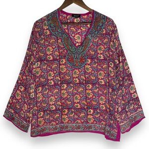 Tolani 100% Silk Floral Tunic‎ Top Paisley Print Bohemian Blouse Pink Teal L
